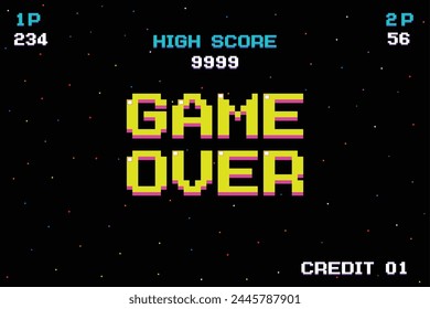 Game Over Font Design. pixel art, 8-bit, Alphabet Typography Template Text Effect. Lettering Vector Illustration.