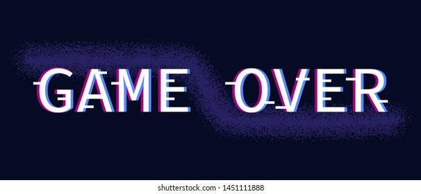 Game over. Games screen glitch, computer video gaming phrase and playing final level death screen with distorted text and pixel. Virtual computer play screen fail vector background