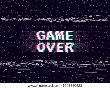 Game over glitch background. Retro game backdrop. Glitched lines noise. VHS effect for your design. Pixel inscription. Modern vector illustration.