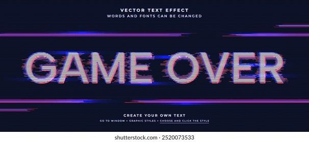 Game over glitch text effect on blue monitor background, old television vector graphic style