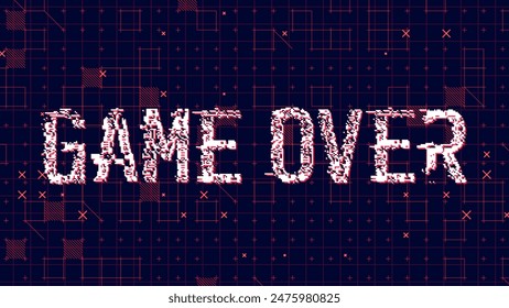 Game Over Glitched Word. HUD Hologram Cyberpunk Style Banner. Neon Tech Game Over Glitch Background. Design Element for Tech Gamers Event. Vector Illustration.