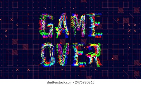 Game Over Glitched Word. HUD Hologram Cyberpunk Style Banner. Neon Tech Game Over Glitch Background. Design Element for Tech Gamers Event. Vector Illustration.