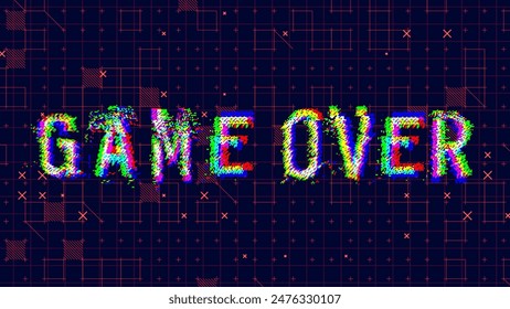 Game Over Glitched Word. HUD Hologram Cyberpunk Style Banner. Neon Tech Game Over Glitch Background. Design Element for Tech Gamers Event. Vector Illustration.