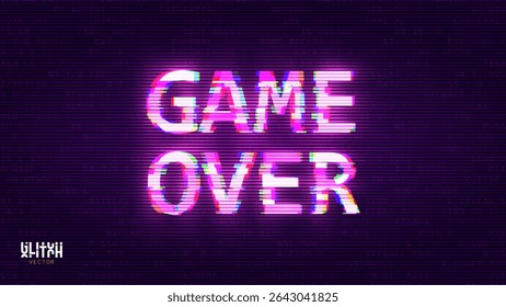 Game Over Glitched Word. HUD Hologram Cyberpunk Style Banner. Neon Tech Game Over Glitch Background. Design Element for Tech Gamers Event. Vector Illustration.