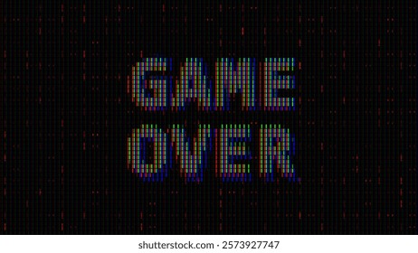 GAME OVER Glitched Word. Led Panel or Monitor Macro Cyberpunk Style Banner. LED Neon Tech Glitch Background. Design Element for Tech Cyber Security Event. Vector Illustration.