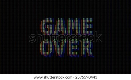 GAME OVER Glitched Word. Led Panel or Monitor Macro Cyberpunk Style Banner. LED Neon Tech Glitch Background. Design Element for Tech Cyber Security Event. Vector Illustration.