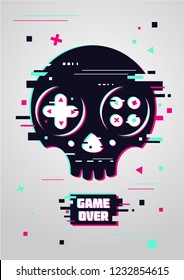 Game over glitchy sign with skull and gamepad. Video game symbol. Gamer poster.