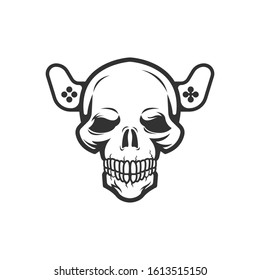 Game over glitchy sign with skull and gamepad as a horn. Video game symbol.