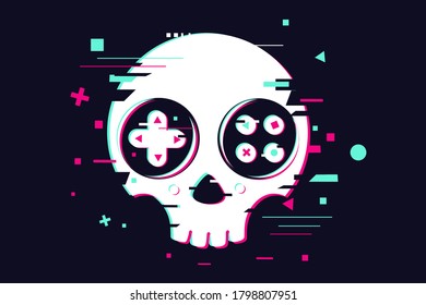 Game over glitchy sign with skull and gamepad. Video game symbol. Gamer poster.