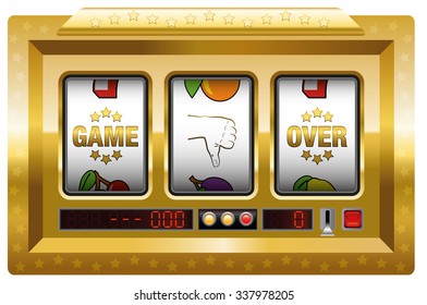 Game over - golden slot machine with three reels lettering GAME OVER and a thumb down symbol. Isolated vector illustration on white background.