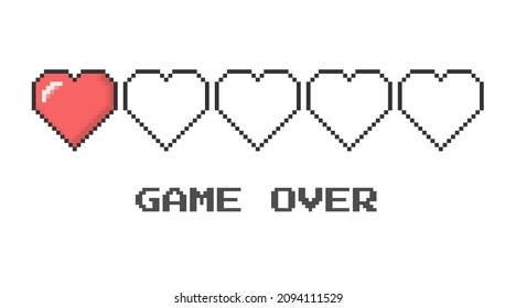 Game over. Heart icon 8 bit pixel style. Vector set of interface life health bar in old video game.