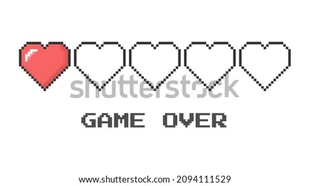 Game over. Heart icon 8 bit pixel style. Vector set of interface life health bar in old video game.