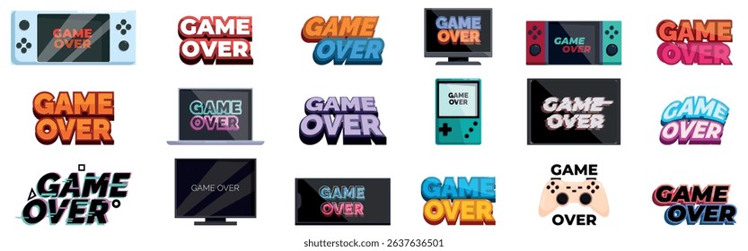 Game over icons set. Diverse set of game over typography variations, representing the end of a video game session on various devices