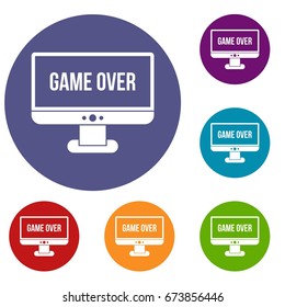 Game over icons set in flat circle reb, blue and green color for web