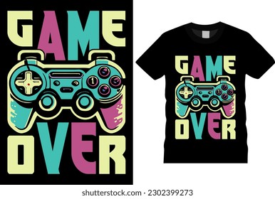 GAME OVER, Game Illustration Gaming T-Shirt Design Vorlage. Vektorspiel-T-Shirt mit Kopfhörern, Gaming-Vektorgrafik, Gamepad, Typografie. Bereit für Druck in T-Shirt.