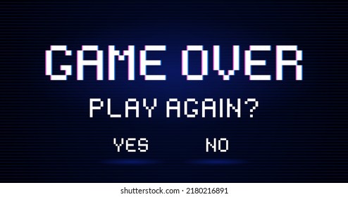 Game over. Inscription asking person play again with answer options yes or no. Modern trendy games screen with lighting effect. Art design for game, life bar, gaming controller. Vector illustration.