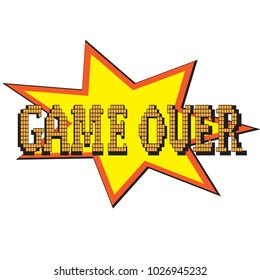 Game over the inscription on the background of an abstract explosion. Pixel. Vector illustration.