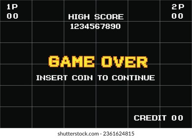 GAME OVER INSERT A COIN TO CONTINUE .pixel art .8 bit game. retro game. for game assets in vector illustrations.