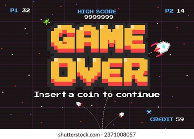 GAME OVER INSERT A COIN TO CONTINUE .pixel art .8 bit game.arcede screen.retro game. for game assets in vector illustrations.