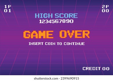 GAME OVER INSERT A COIN TO CONTINUE .pixel art .8 bit game. retro game. for game assets in vector illustrations.