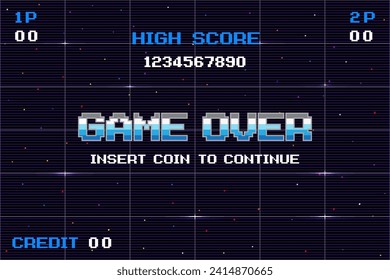 GAME OVER INSERT A COIN TO CONTINUE .pixel art .8 bit game. retro game. for game assets .Retro Futurism Sci-Fi Background. glowing neon grid. and stars from vintage arcade computer games