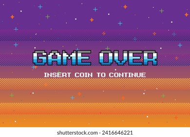 GAME OVER INSERT A COIN TO CONTINUE .pixel art .8 bit game. retro game. for game assets .Retro Futurism Sci-Fi Background. glowing neon grid. and stars from vintage arcade computer games