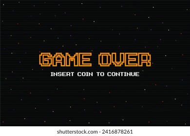 GAME OVER INSERT A COIN TO CONTINUE .pixel art .8 bit game. retro game. for game assets .Retro Futurism Sci-Fi Background. glowing neon grid. and stars from vintage arcade computer games.