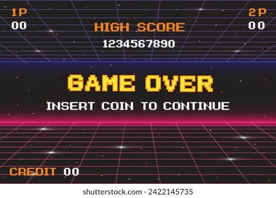 GAME OVER INSERT A COIN TO CONTINUE .pixel art .8 bit game. retro game. for game assets in vector illustrations. Retro Futurism Sci-Fi Background. glowing neon grid and stars from vintage arcade comp