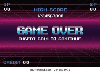 GAME OVER inserte la moneda para continuar. pixel art juego de .8 bits. juego retro. para activos del juego. Fondo de ciencia ficción de futurismo retro. cuadrícula de neón brillante. y estrellas de juegos de computadora arcade vintage