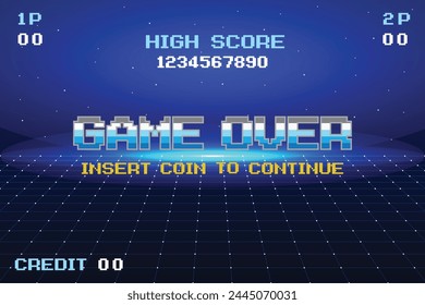 GAME OVER INSERT A COIN TO CONTINUE .pixel art .8 bit game. Perspective Grid. Abstract background shining blue floor ground particles stars dust with flare. Futuristic glittering in space on dark blue