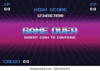 GAME OVER INSERT A COIN TO CONTINUE .Synthwave wireframe net illustration. pixel art .8 bit game. retro game. for game assets .Retro Futurism Sci-Fi Background. glowing neon grid. and stars.