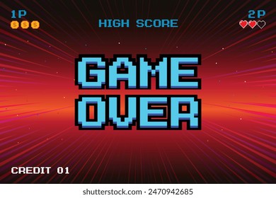 GAME OVER INSERT A COIN TO CONTINUE .Synthwave wireframe net illustration. pixel art .8 bit game. retro game. for game assets .Retro Futurism Sci-Fi Background. glowing neon grid. and stars.