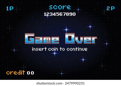 GAME OVER INSERT A COIN TO CONTINUE .Synthwave wireframe net illustration. pixel art .8 bit game. retro game. for game assets .Retro Futurism Sci-Fi Background. glowing neon grid. and stars.