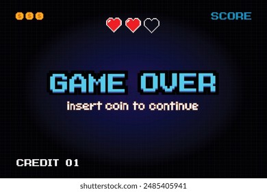 GAME OVER. insert coin to continue. pixel art .8 bit game. retro game. for game assets in vector illustrations. Retro Futurism Sci-Fi Background.