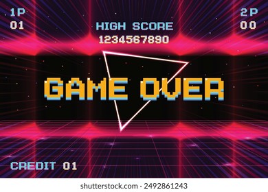 GAME OVER insert coin to continue. pixel art .8 bit game. retro game. for game assets .Retro Futurism Sci-Fi Background. glowing neon grid. and stars from vintage arcade computer games