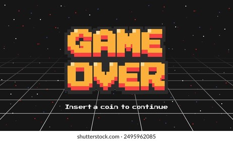 GAME OVER INSERT A COIN TO CONTINUE .pixel art .8 bit game.arcede screen.retro game. for game assets in vector illustrations.	