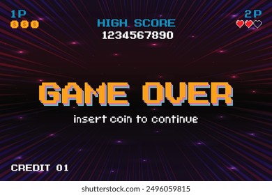 GAME OVER INSERT A COIN TO CONTINUE .pixel art .8 bit game. retro game. for game assets .Retro Futurism Sci-Fi Background. glowing neon grid. and stars from vintage arcade computer games