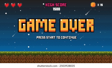 GAME OVER INSERT A COIN TO CONTINUE .pixel art .8 bit game.arcede screen.retro game. for game assets in vector illustrations.