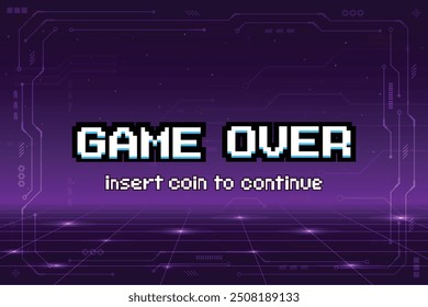 GAME OVER INSERT A COIN TO CONTINUE .Synthwave wireframe net illustration. pixel art .8 bit game. retro game. for game assets .Retro Futurism Sci-Fi Background. glowing neon grid. and stars.