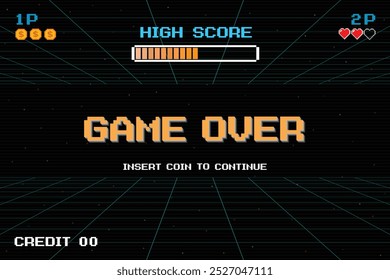 GAME OVER INSERT A COIN TO CONTINUE .Synthwave wireframe net illustration. pixel art .8 bit game. retro game. for game assets .Retro Futurism Sci-Fi Background. glowing neon grid. and stars.