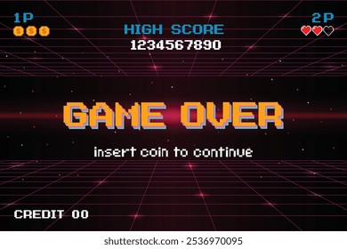 GAME OVER INSERT A COIN TO CONTINUE .Synthwave wireframe net illustration. pixel art .8 bit game. retro game. for game assets .Retro Futurism Sci-Fi Background. glowing neon grid. and stars.