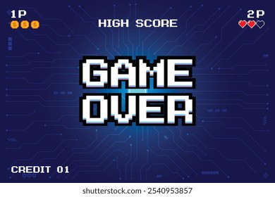 GAME OVER INSERT A COIN TO CONTINUE .Synthwave wireframe net illustration. pixel art .8 bit game. retro game. for game assets .Retro Futurism Sci-Fi Background. glowing neon grid. and stars.