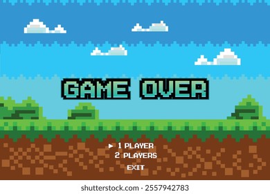 Game Over. insert coin to continue. pixel game background, natural landscape with blue sky, trees and green grass. Pixelated 8 bit video-game