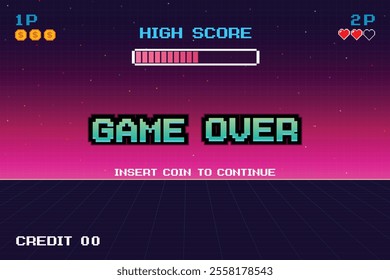 GAME OVER INSERT A COIN TO CONTINUE .Synthwave wireframe net illustration. pixel art .8 bit game. retro game. for game assets .Retro Futurism Sci-Fi Background. glowing neon grid. and stars.