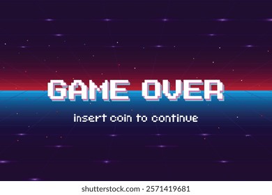 GAME OVER. INSERT A COIN TO CONTINUE or exiting the game's main menu. Modern trendy game background with lighting effect. for game assets in vector illustrations.