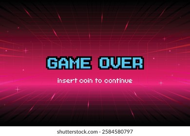 GAME OVER. INSERT A COIN TO CONTINUE. Synthwave wireframe net illustration. pixel art. 8 bit game. retro game. for game assets. Retro Futurism Sci-Fi Background. glowing neon grid and stars.