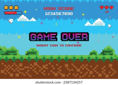 Game Over, insert coin to continue. pixel game background, natural landscape with blue sky, trees and green grass. Pixelated 8 bit video-games