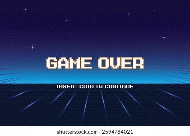 GAME OVER INSERT A COIN TO CONTINUE or exiting the game's main menu. Modern trendy game background with lighting effect. for game assets in vector illustrations.