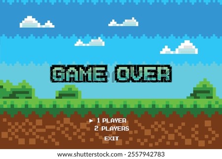 Game Over. insert coin to continue. pixel game background, natural landscape with blue sky, trees and green grass. Pixelated 8 bit video-game