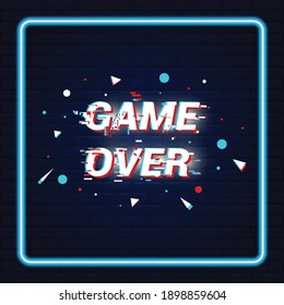 game over lettering with neon has suronded it and navy brick